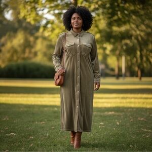 Together! Vtg Velour Maxi Shirt Dress Snap Front Pockets 70s Boho Western Sz 16